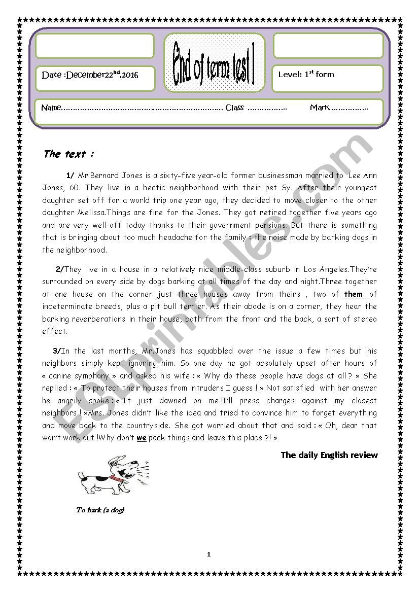 test for 1st form worksheet