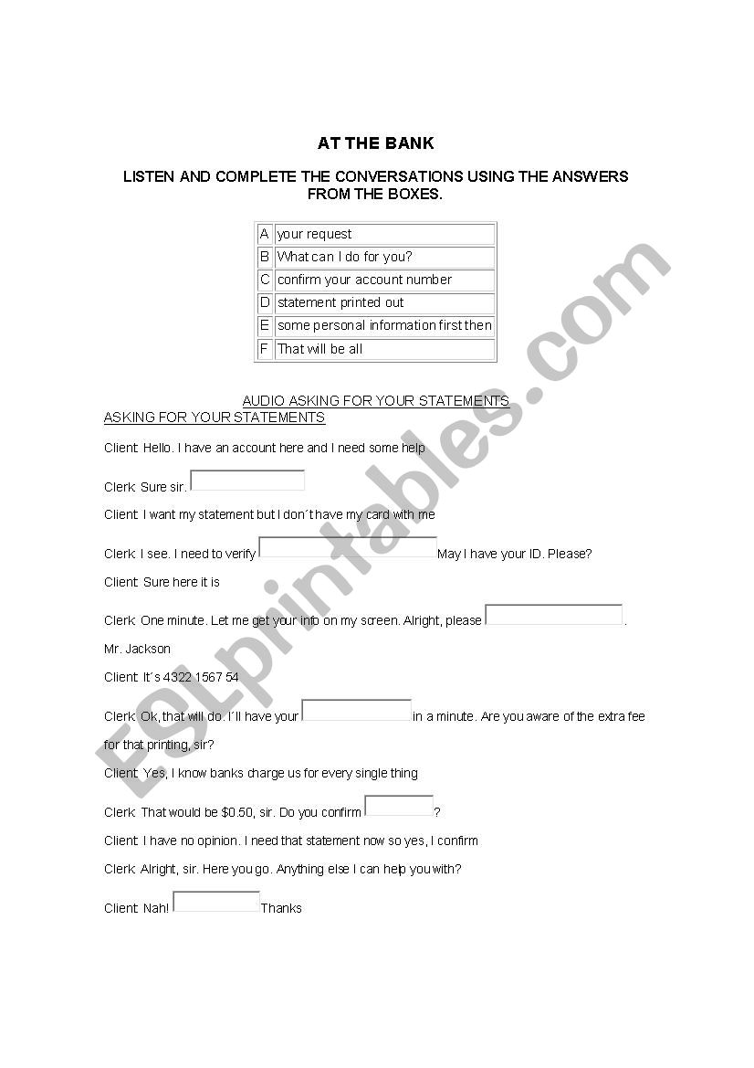 at the bank worksheet