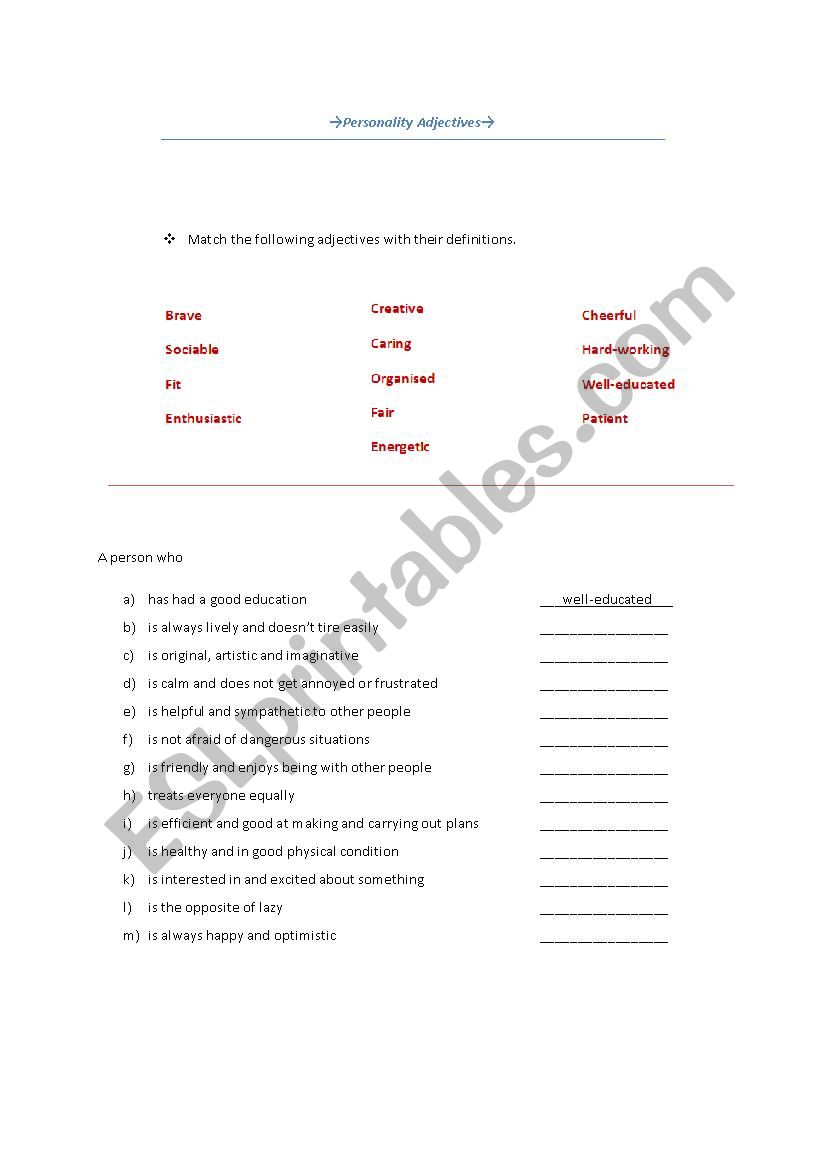 Personality adjectives worksheet