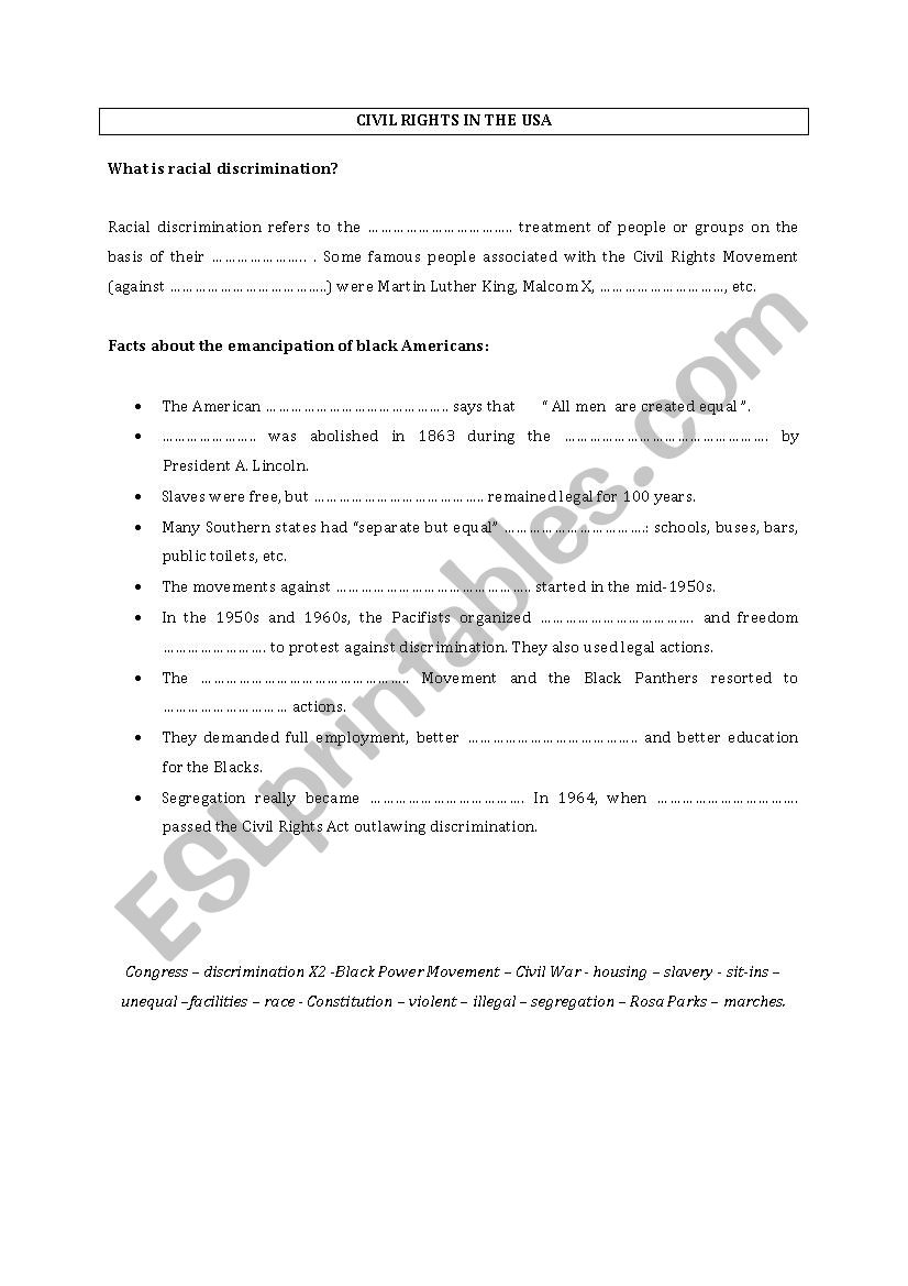 CIVIL RIGHTS A FEW FACTS worksheet