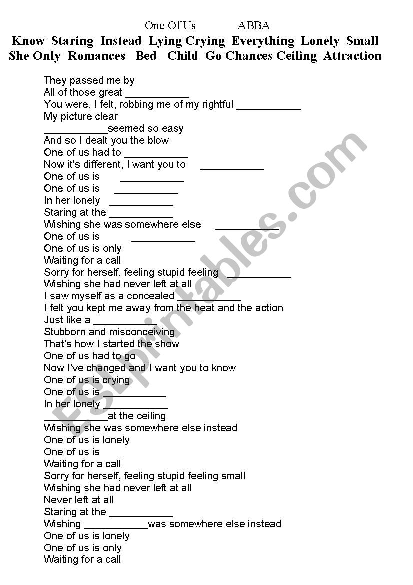 Abba - One of Us fill in worksheet