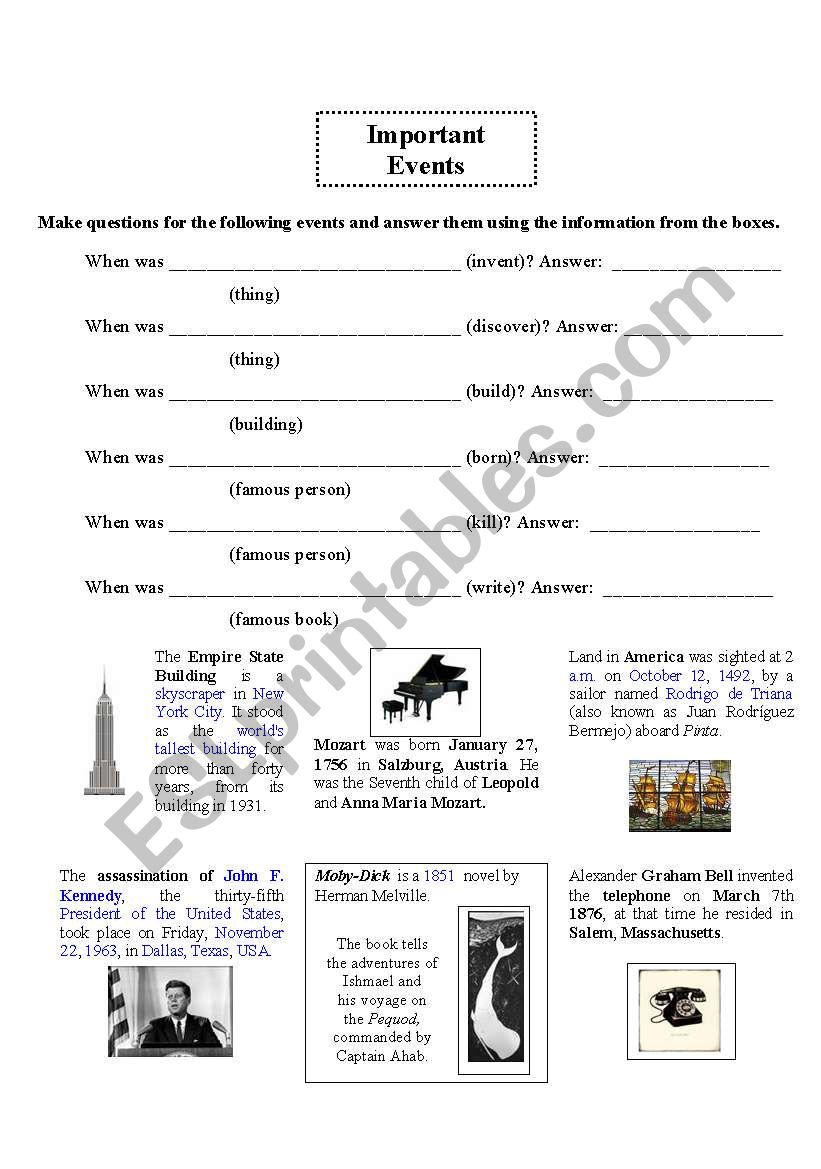 Important events worksheet