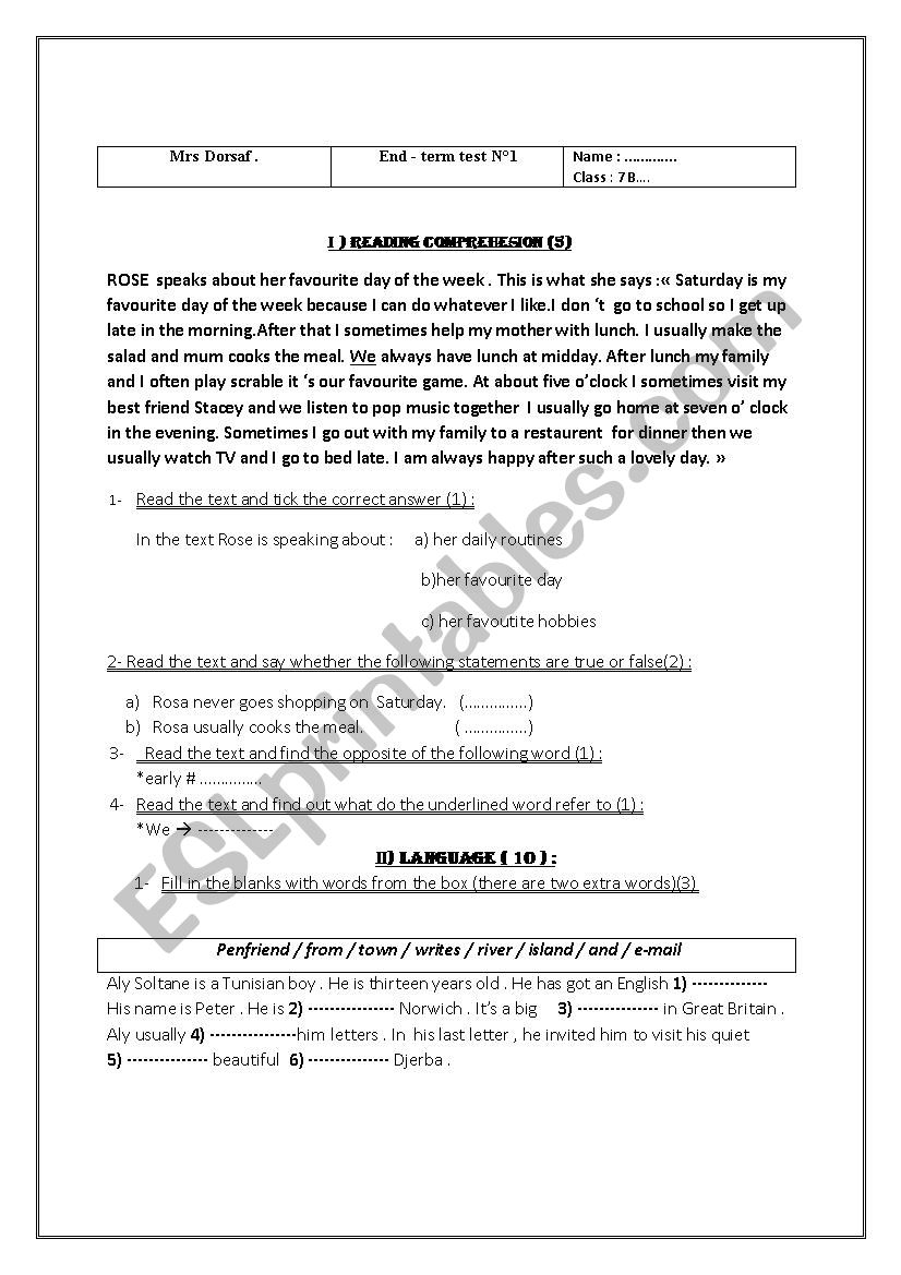 end of  term test worksheet