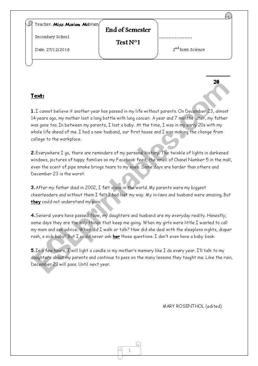 End of Semester Test n 1 2nd form