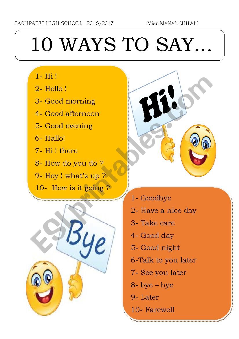 10 ways to say HI and BYE  worksheet