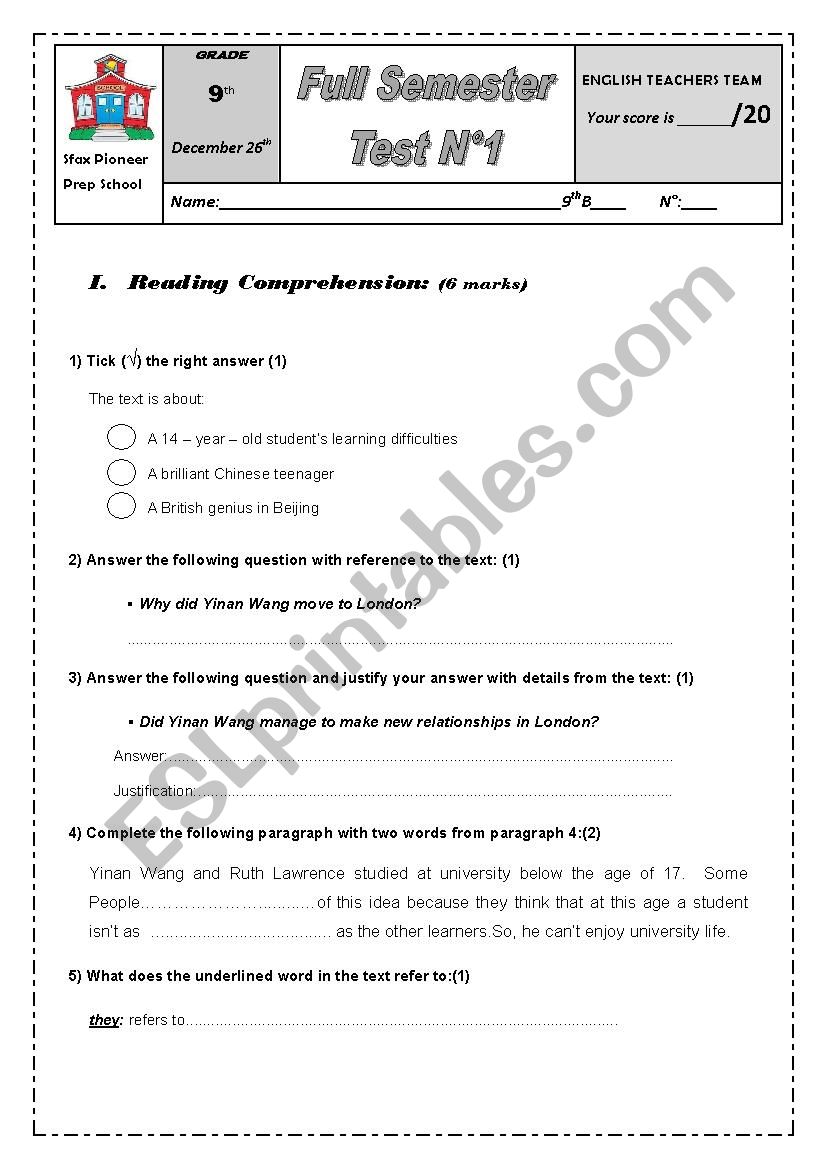 Sfax Pioneer Prep School Full Semester 1 Test