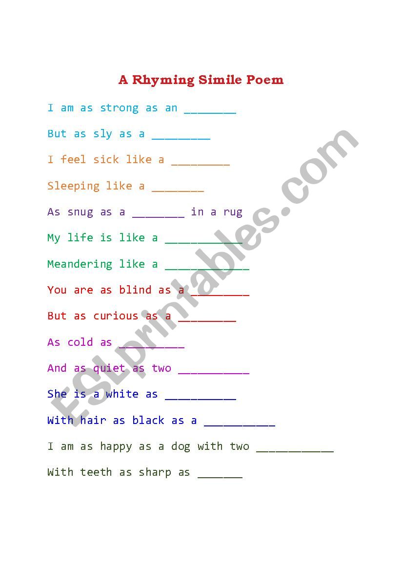 A Rhyming Simile Poem worksheet