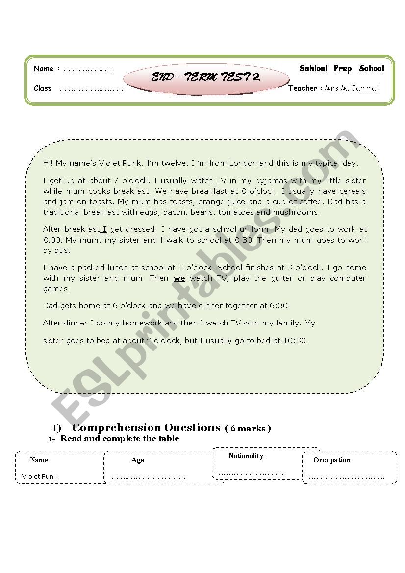 7 F END TERM TEST 1 worksheet