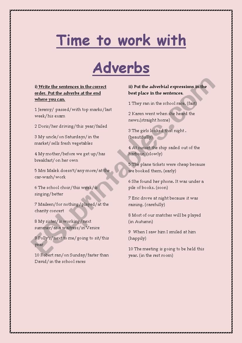 Time to work with adverbs worksheet