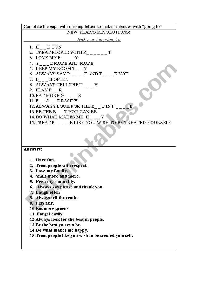 New Years resolutions worksheet