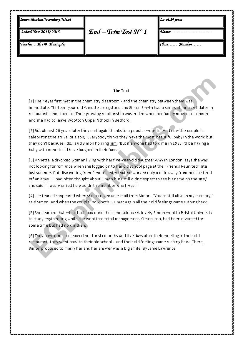 end semester  test 1 worksheet