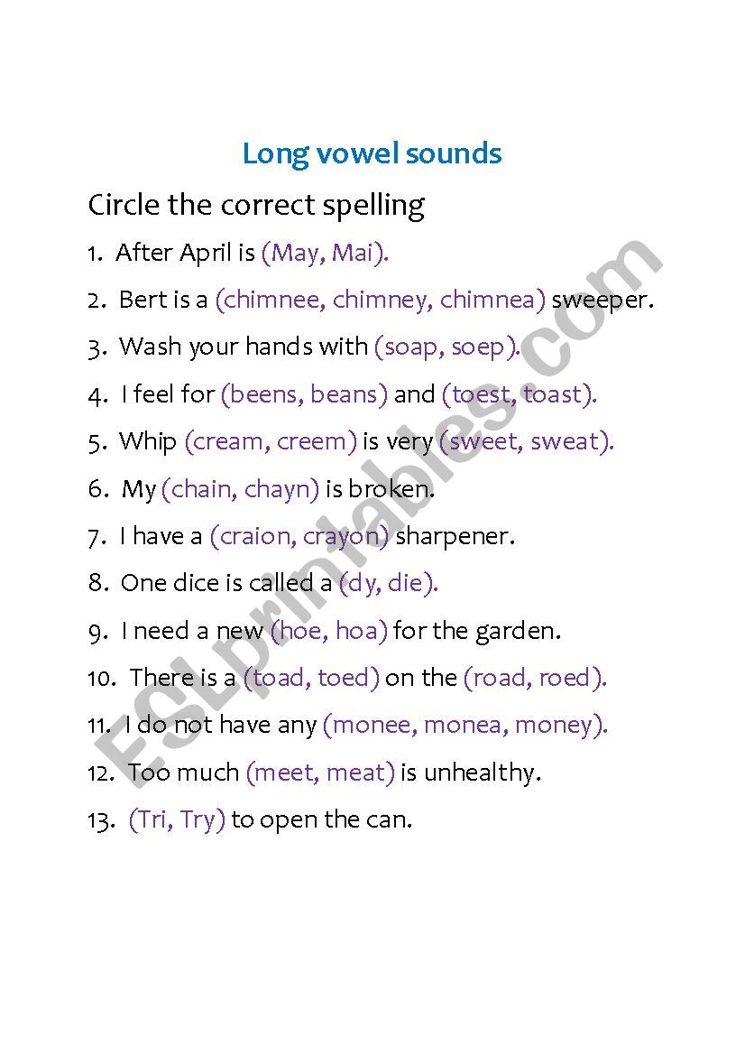 Long vowel a,e,i,o worksheet