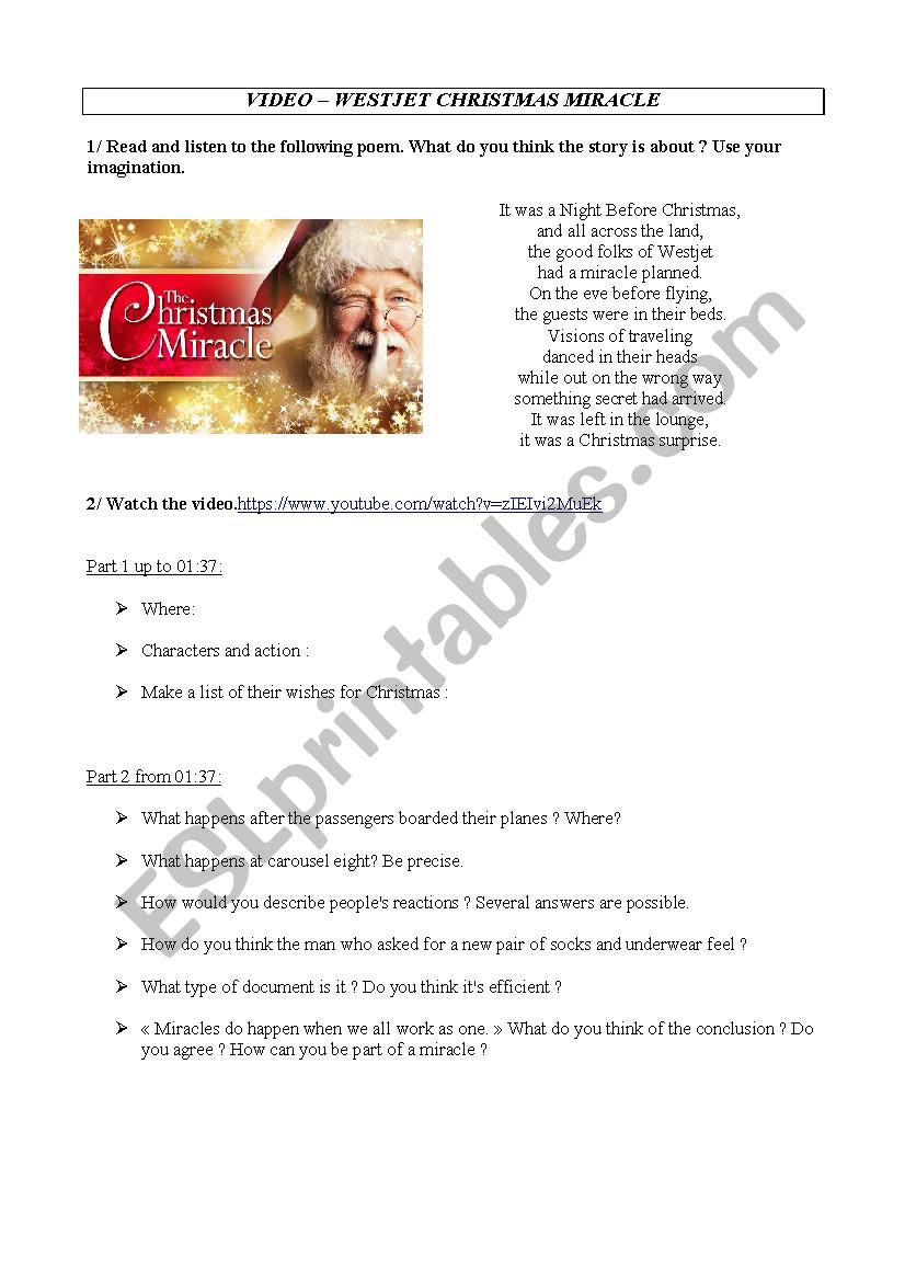 Xmas miracles worksheet