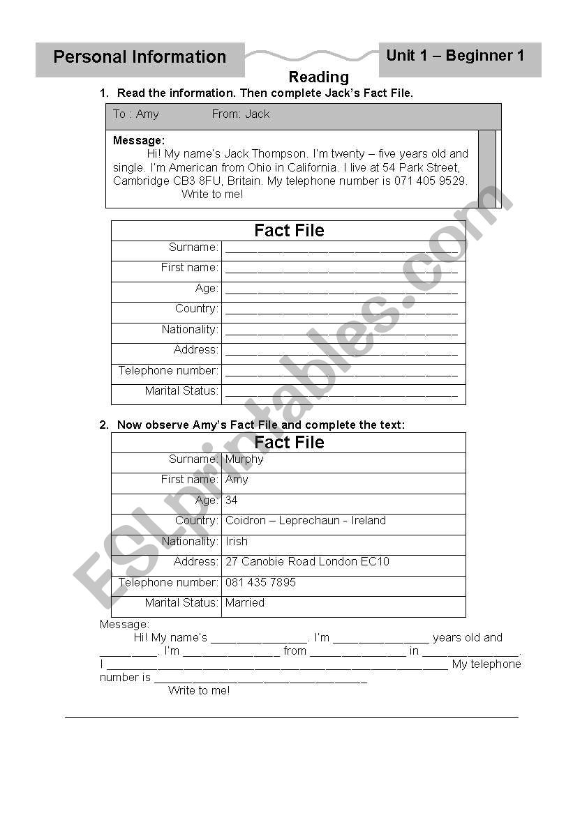 Guided Writing - Fact file - Personal Information