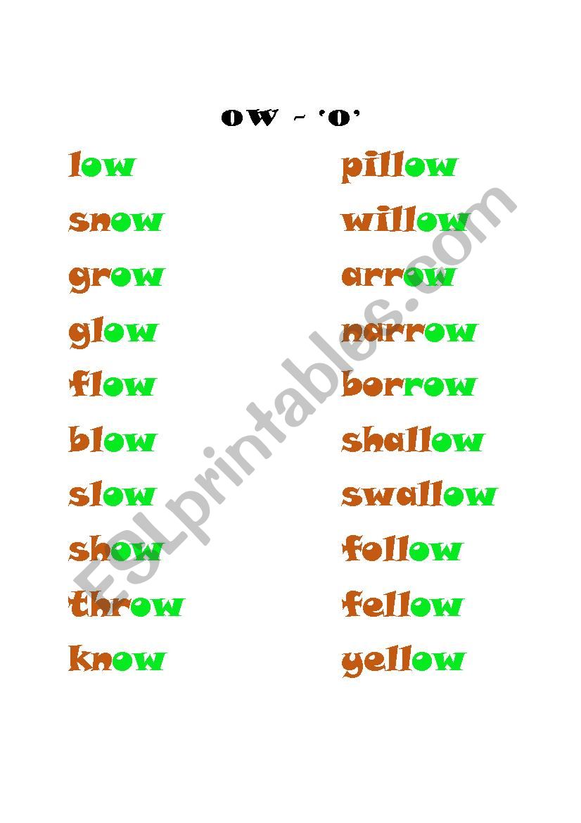 Long vowel o -  ow worksheet