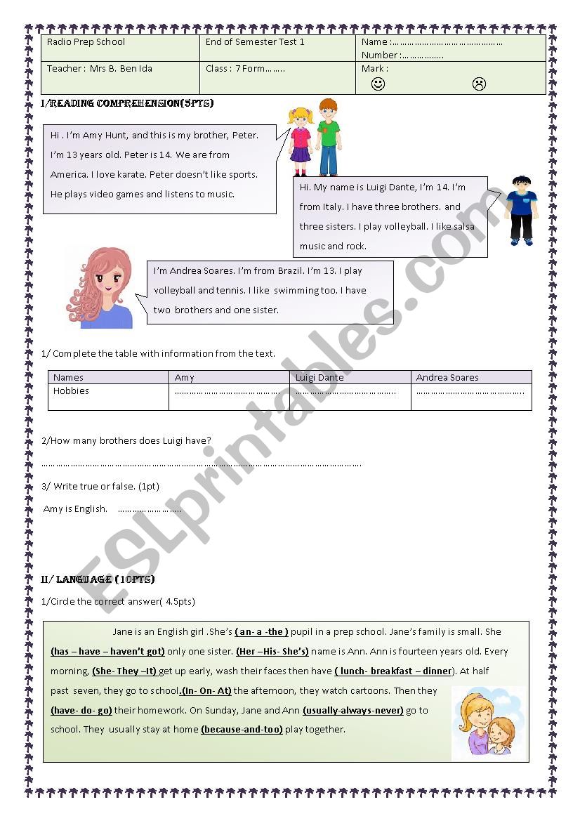 7th form end of term test worksheet