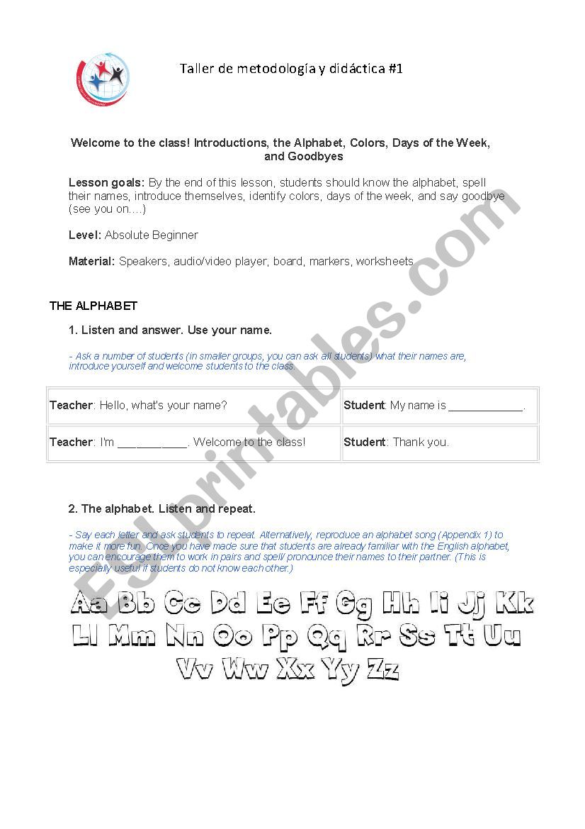 Absolute Beginner English Lesson Plan - Introductions The Alphabet Colors goodbyes