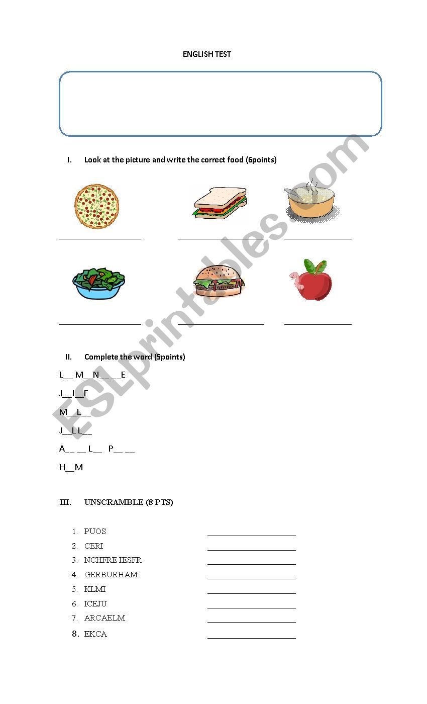 TEST FOOD worksheet