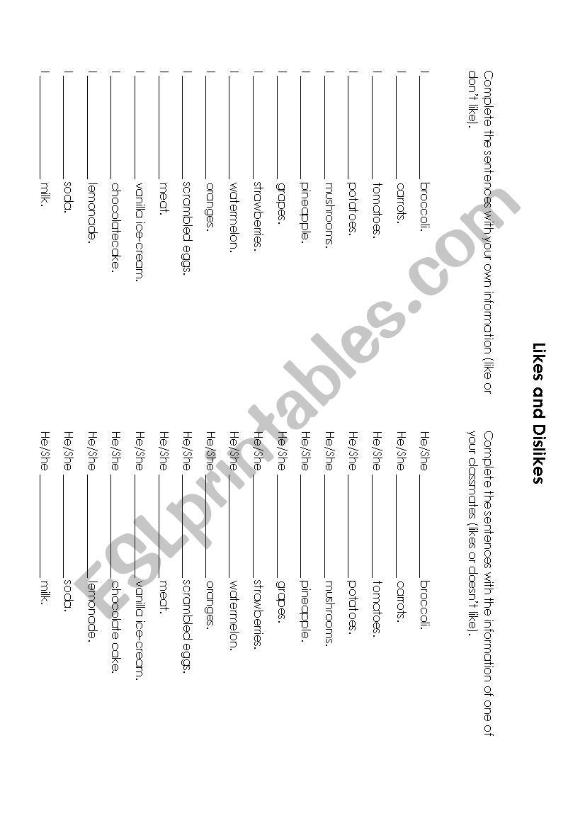 Likes and Dislikes worksheet