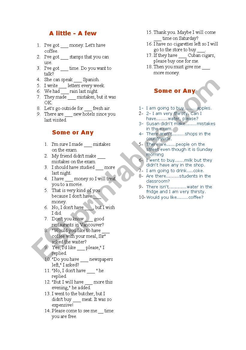 a few -a little/some-any worksheet