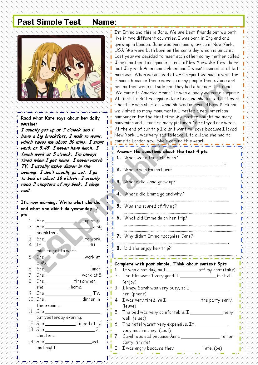 Simple past test worksheet