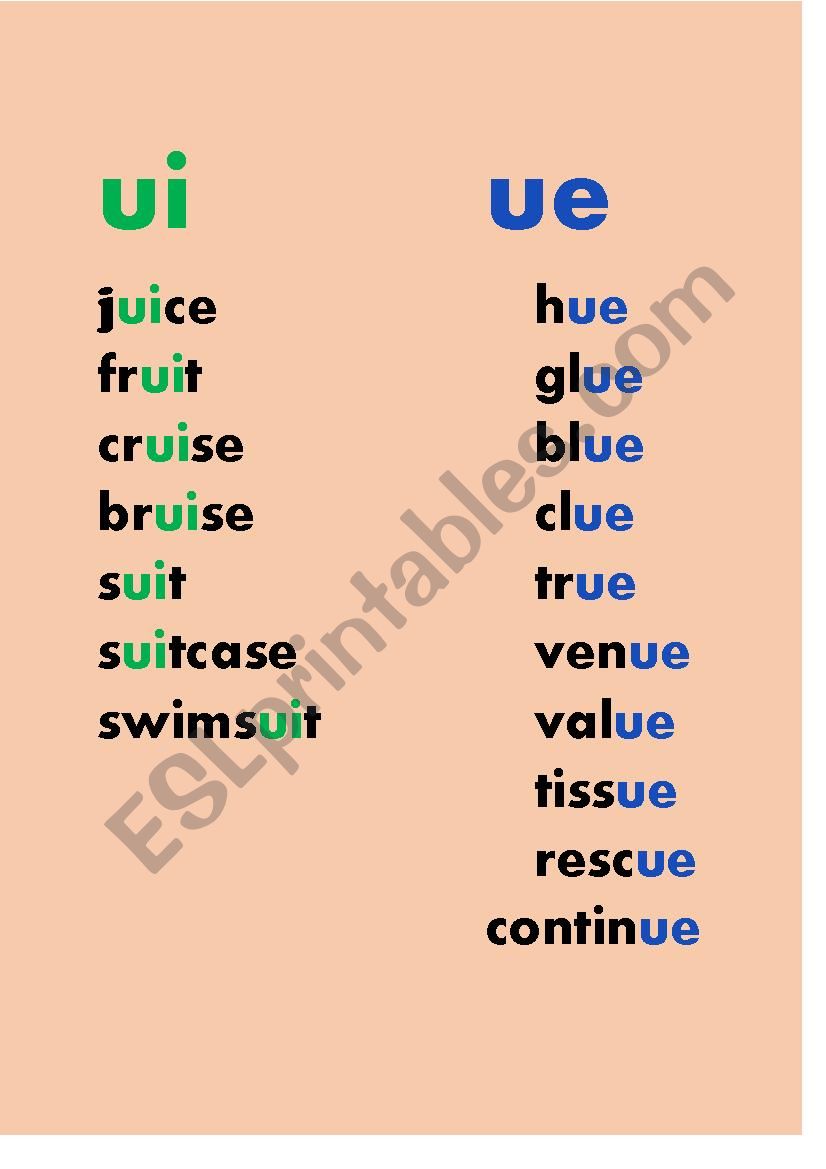 List of ui ue words. Long vowel u.