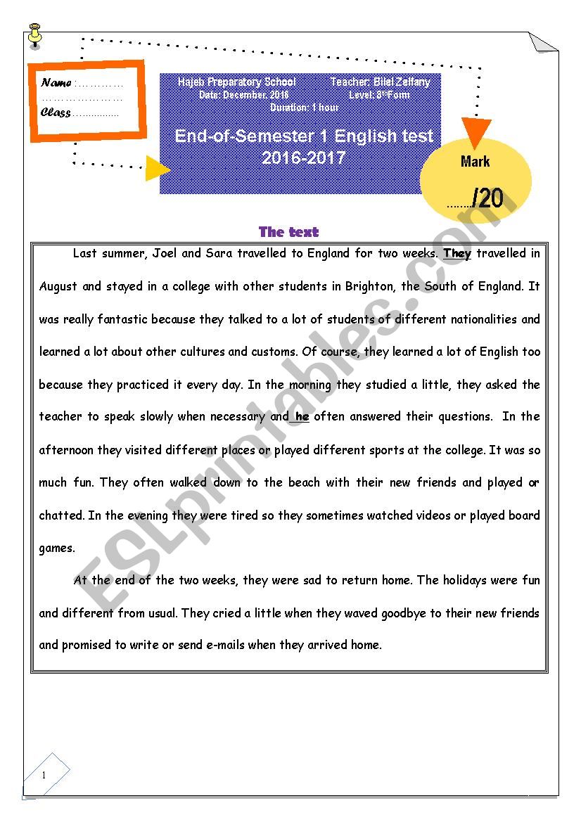 eighth form end  of term test worksheet