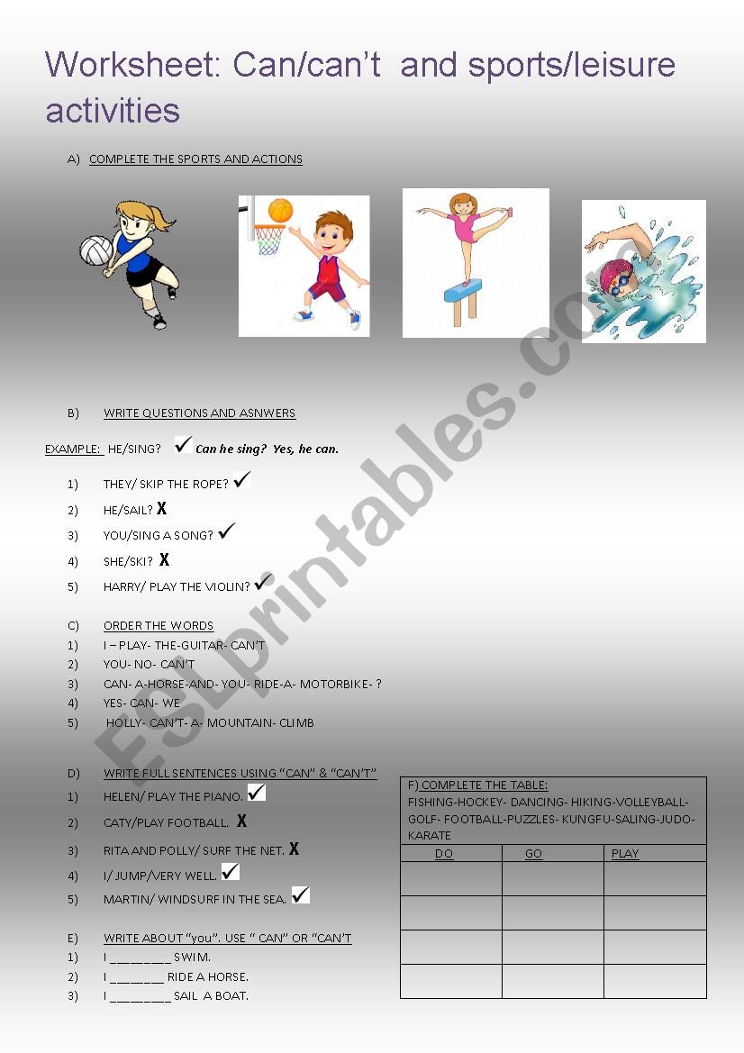 Worksheet: Can/cant  and sports/leisure activities