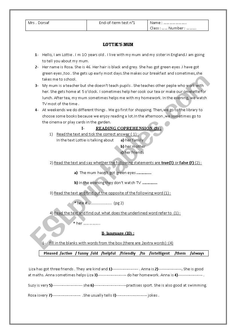 end of term exam worksheet