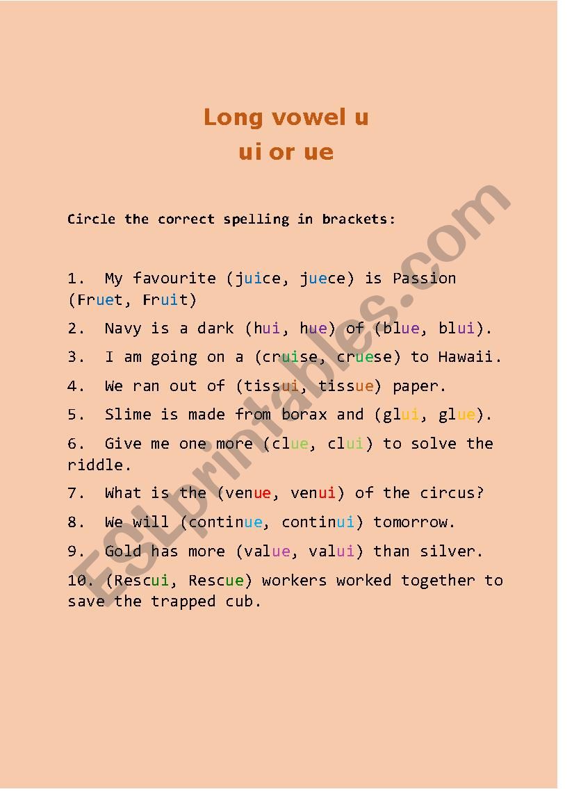 Long vowel u - ui or ue worksheet