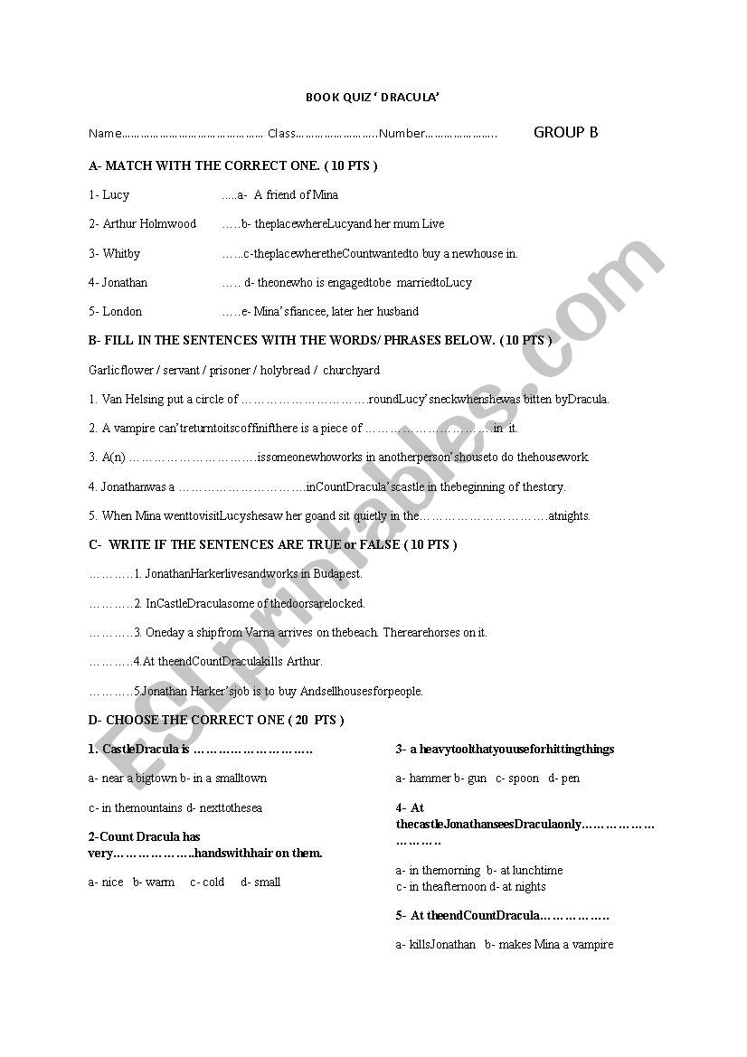 Dracula 50 pts quiz b worksheet