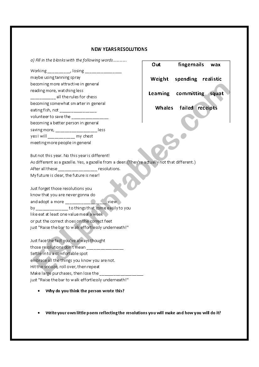 New years resolutions worksheet