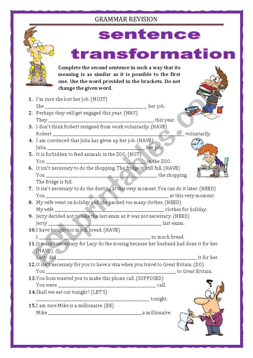 GRAMMAR REVISION - SENTENCE TRANSFORMATION part 3 -MODALS  with key