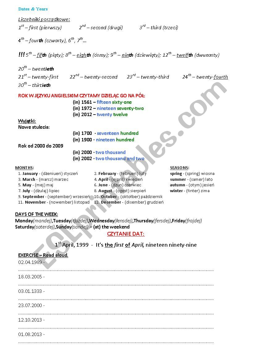 Dates worksheet