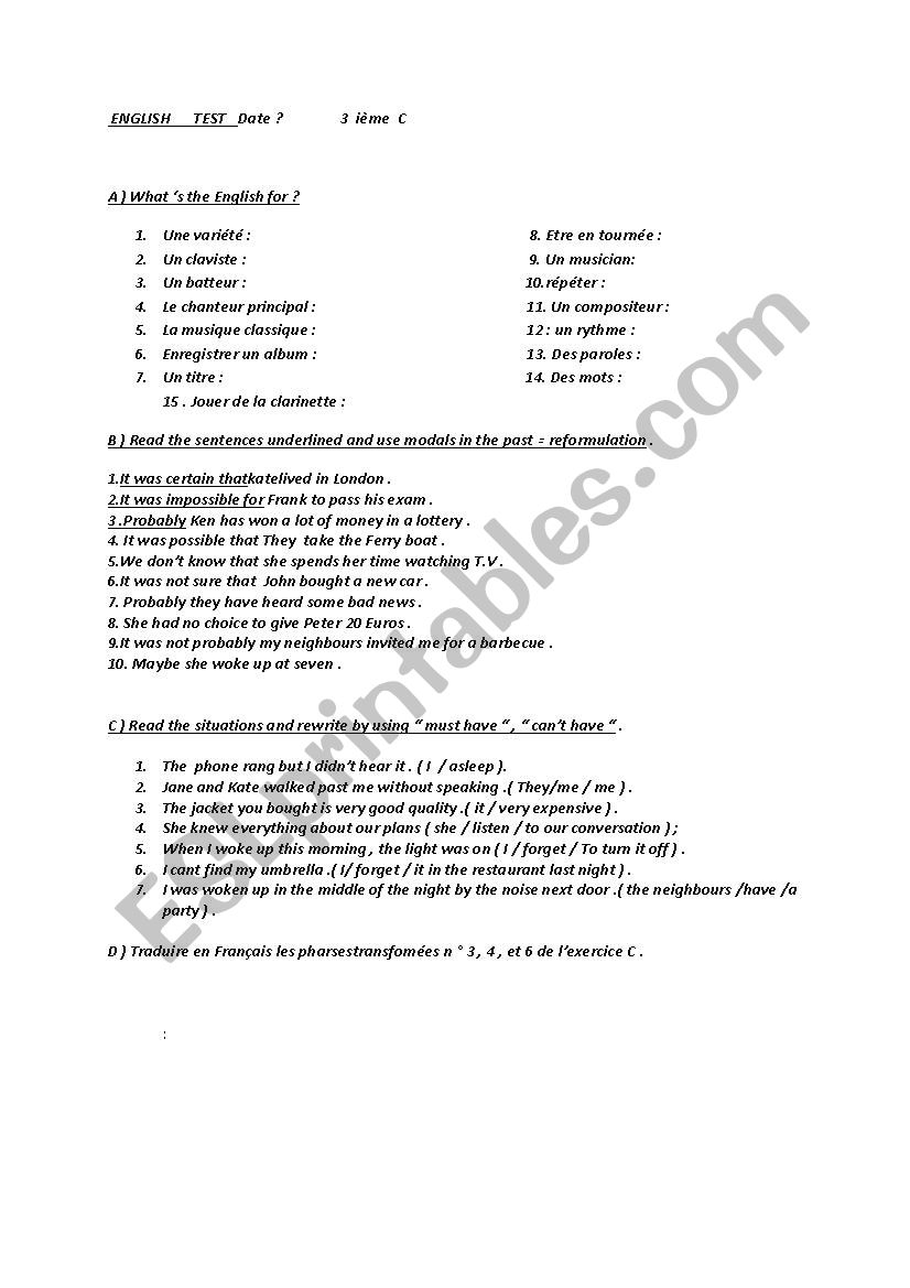 test worksheet