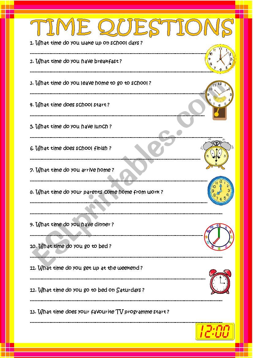 Time questions worksheet