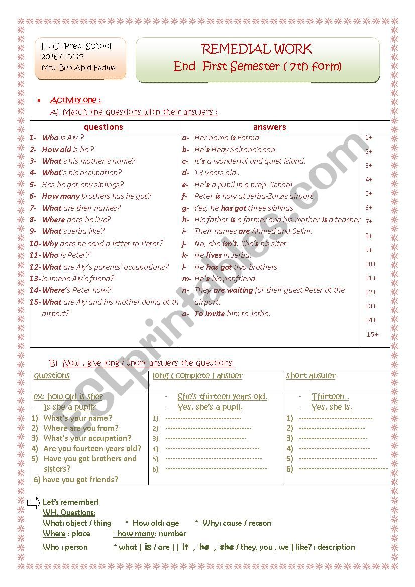 Remedial work  worksheet