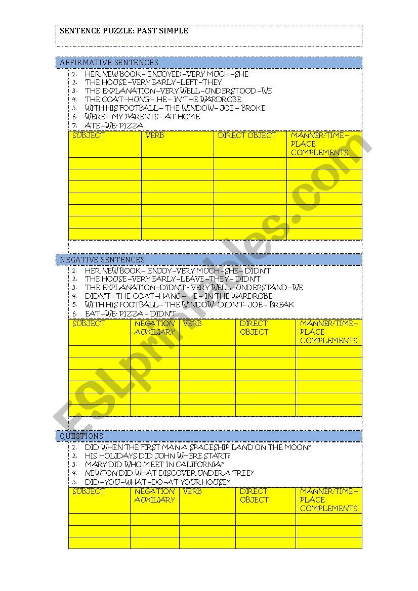 PAST SIMPLE SENTENCE PUZZLES worksheet