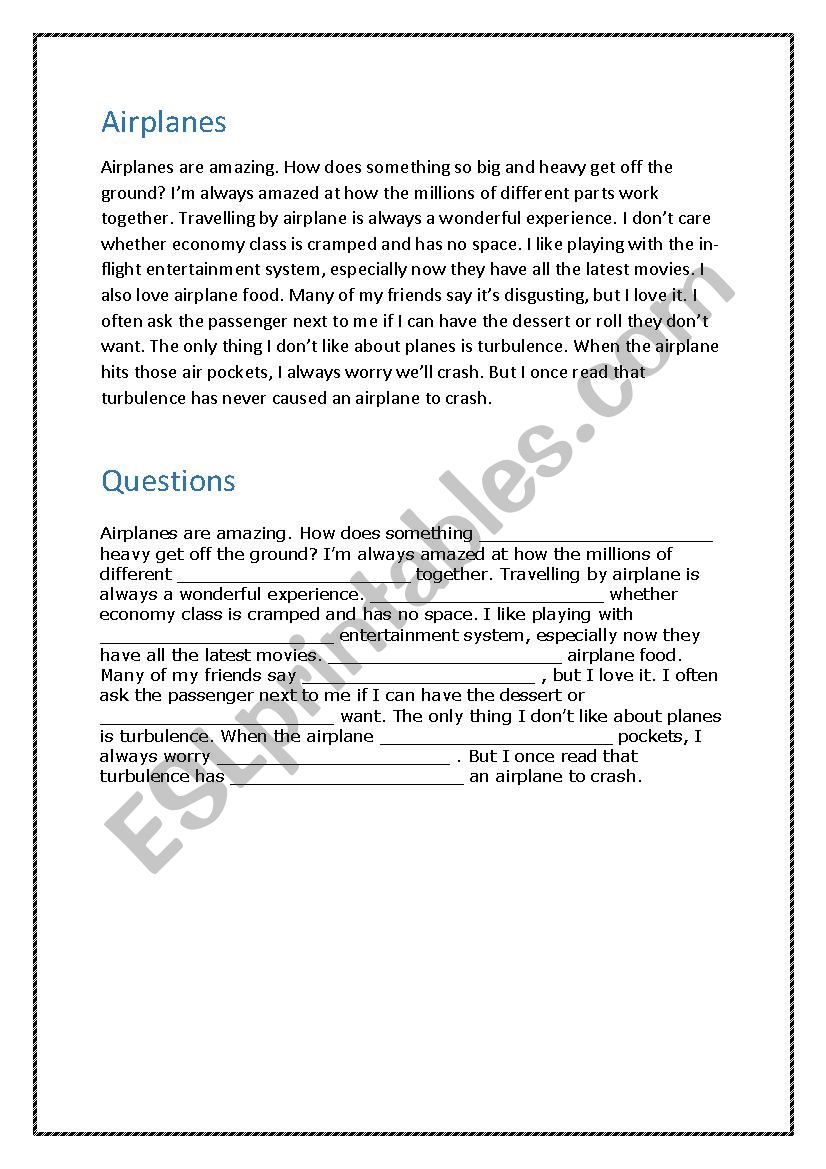 Airplanes worksheet