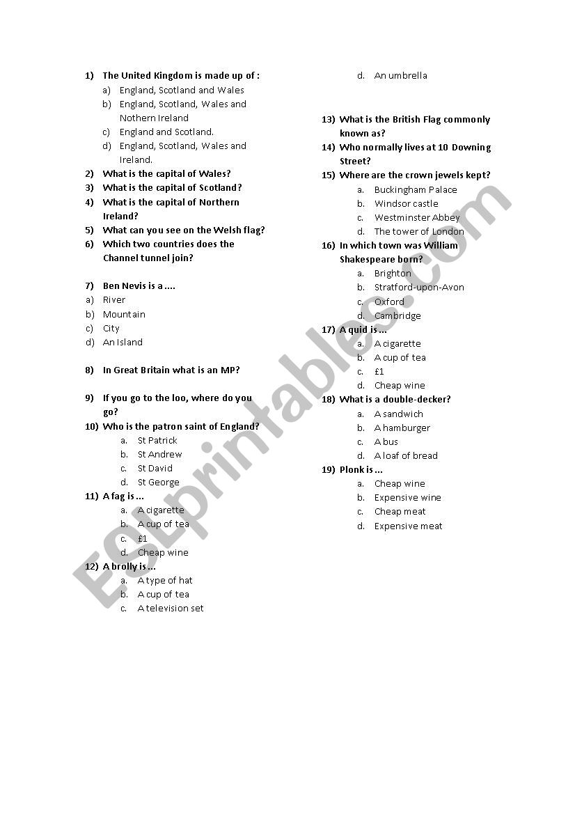 Quizz on GB worksheet