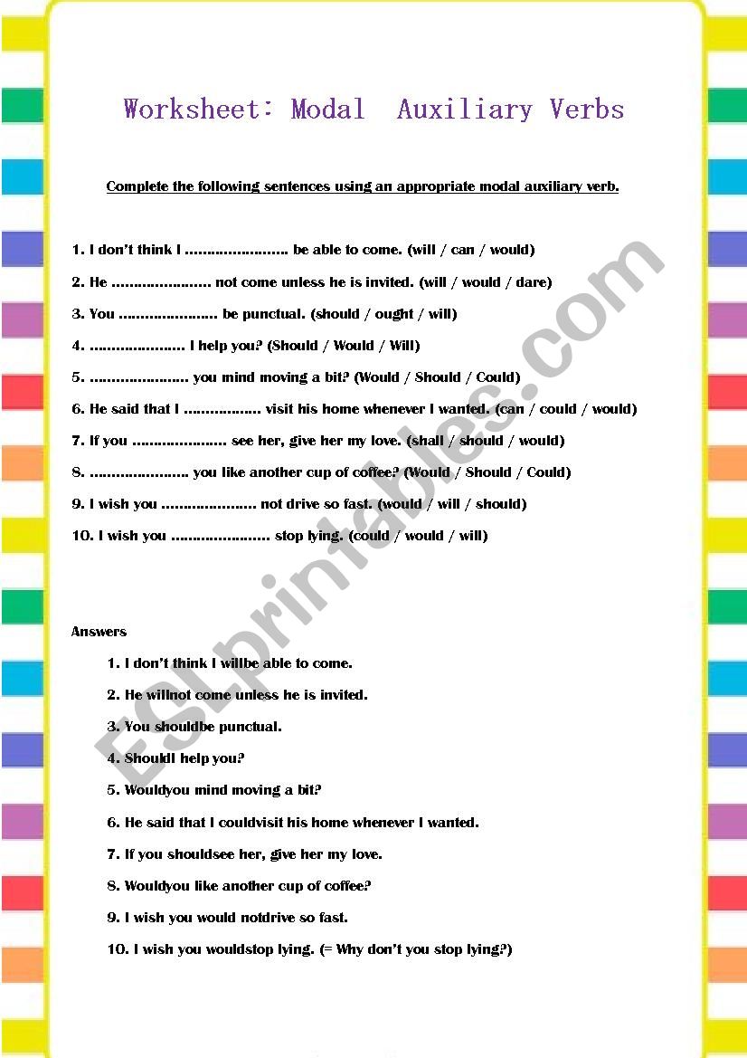 Modal Auxiliary Verbs Worksheet 4th Grade