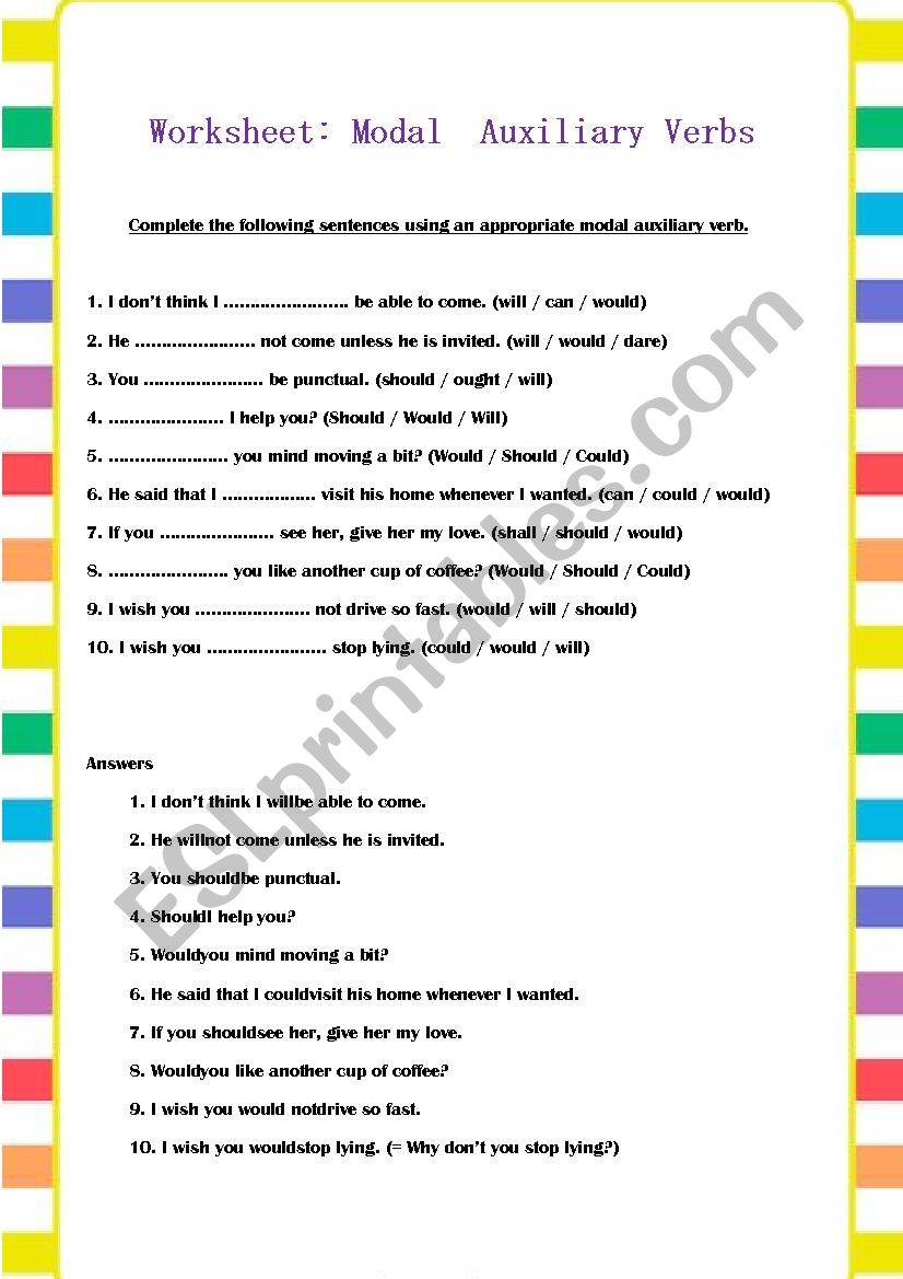 Modal Auxiliary Verbs Worksheet