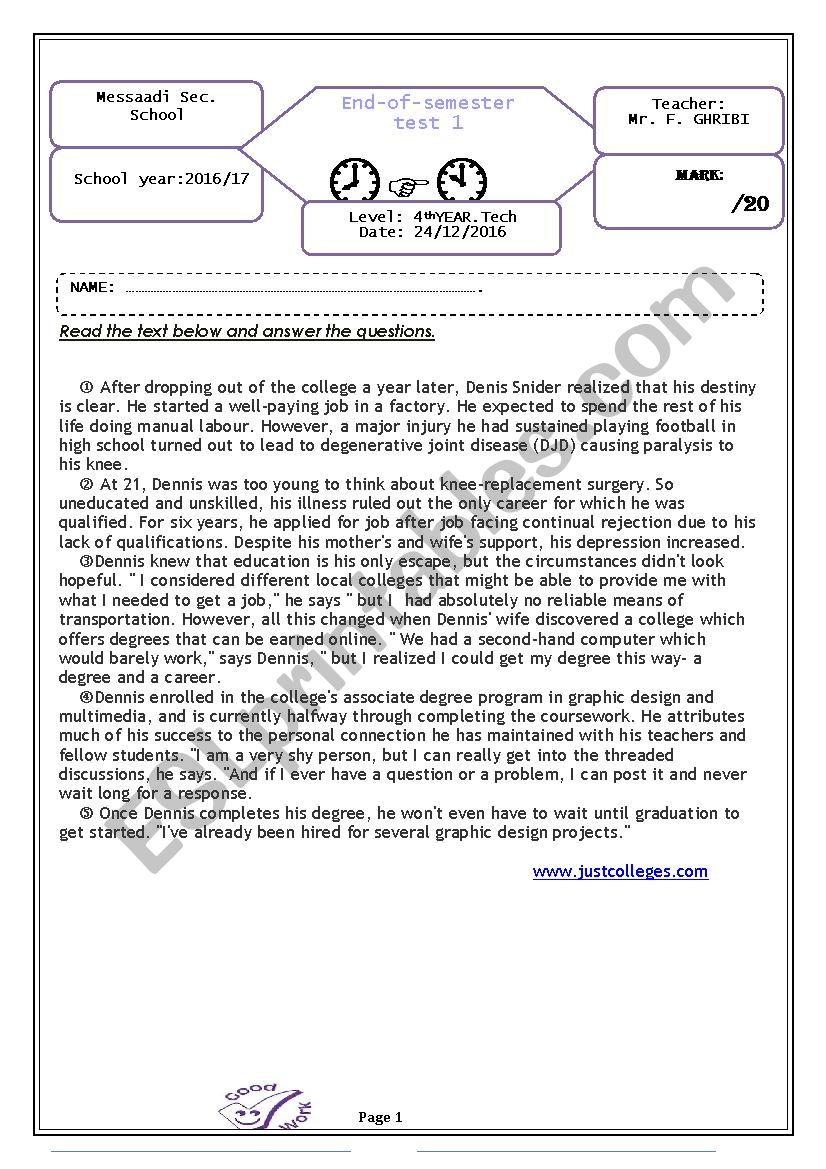 End-of- semester test 1  / 4th form ( technology)