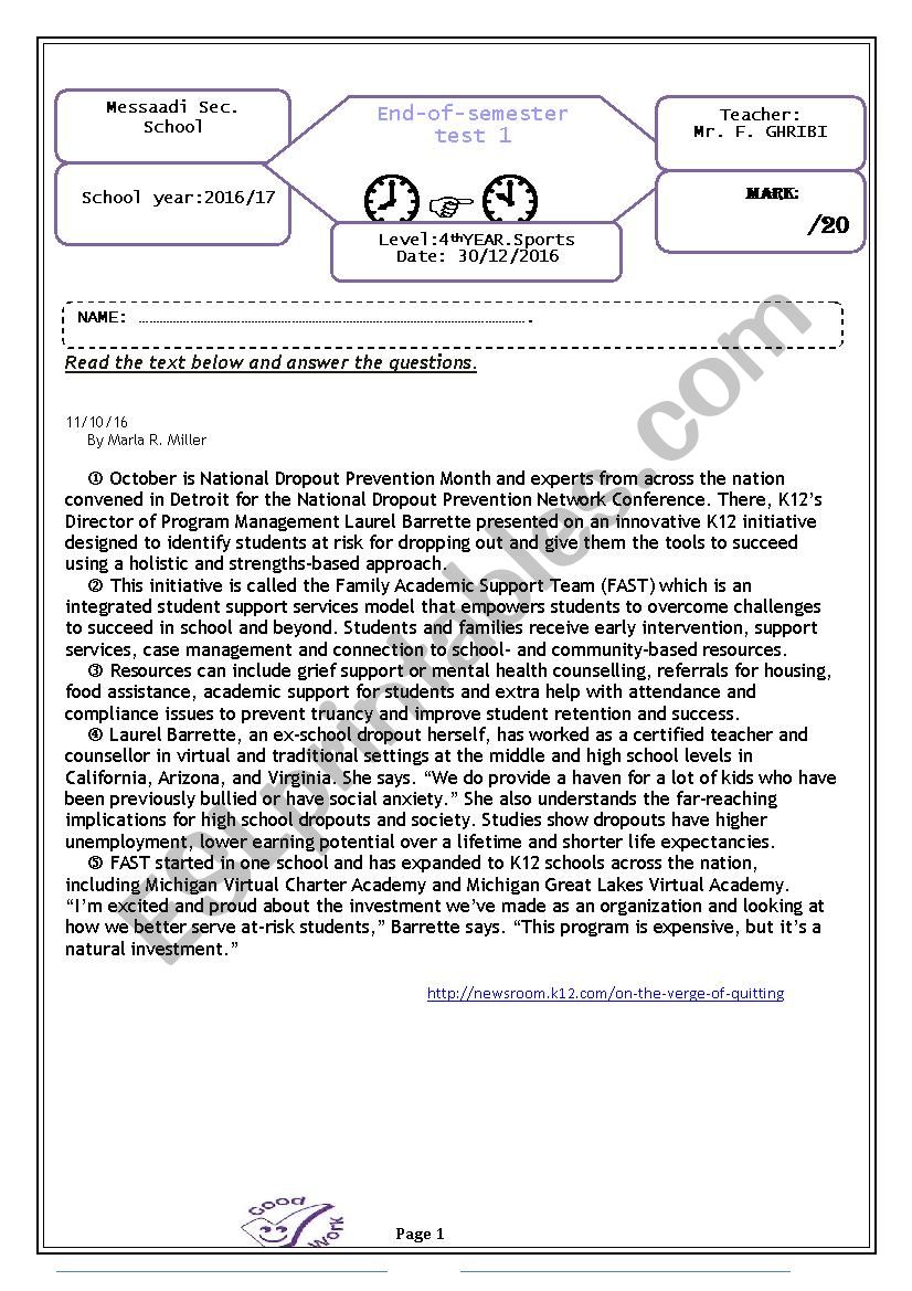 End-of- semester test 1  / 4th form (SPORTS)