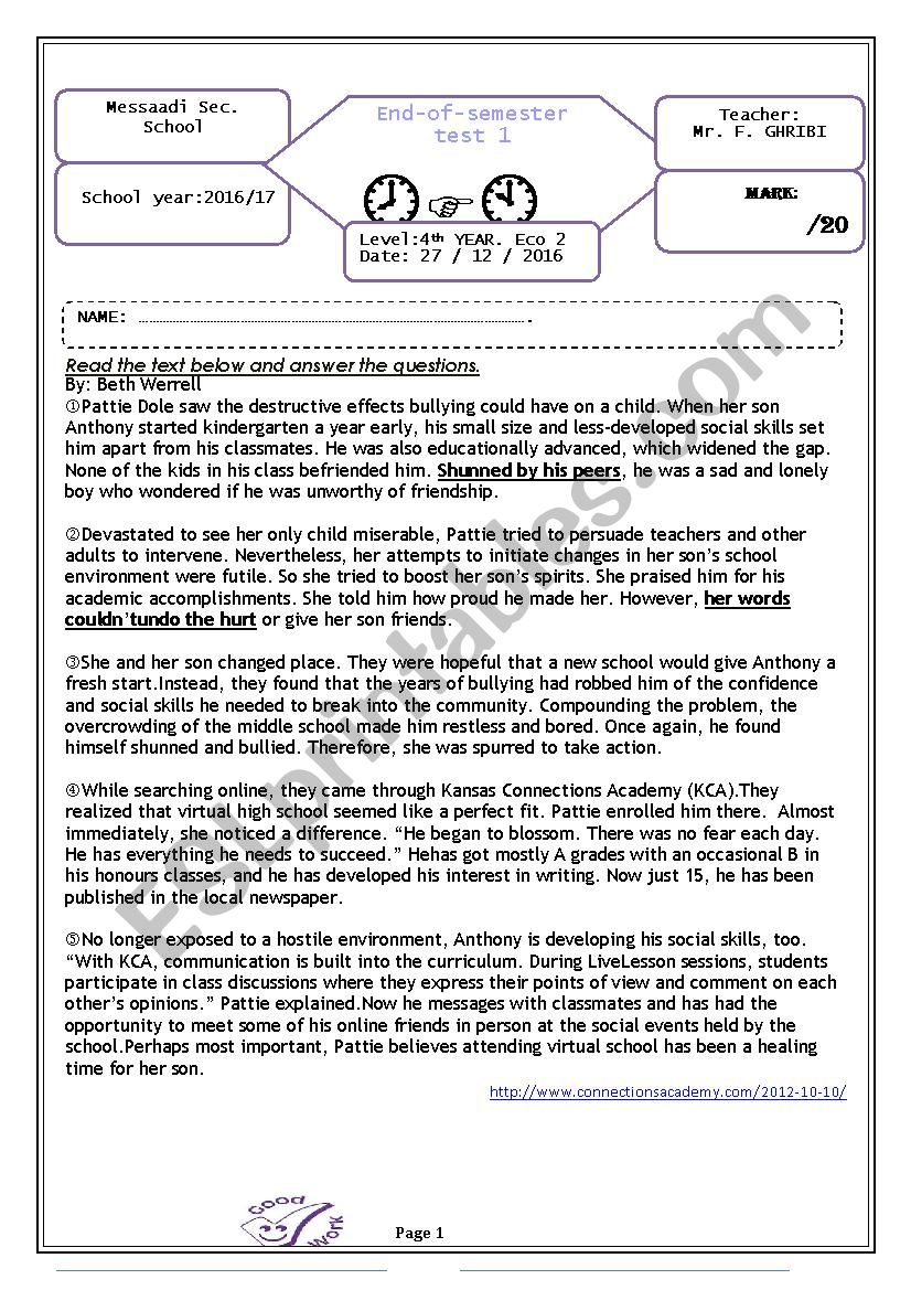 End-of- semester test 1  / 4th form ( ECONOMICS)