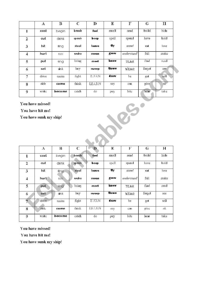 Irregular verbs - battleship worksheet