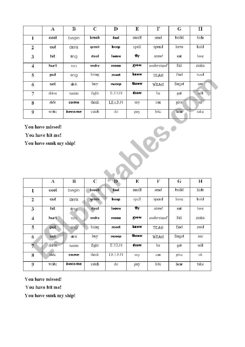 Irregular verbs - battleship worksheet