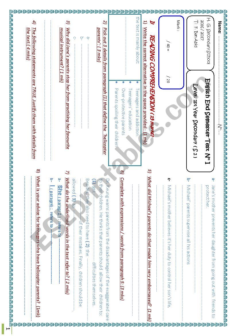 Reading Comprehension worksheet