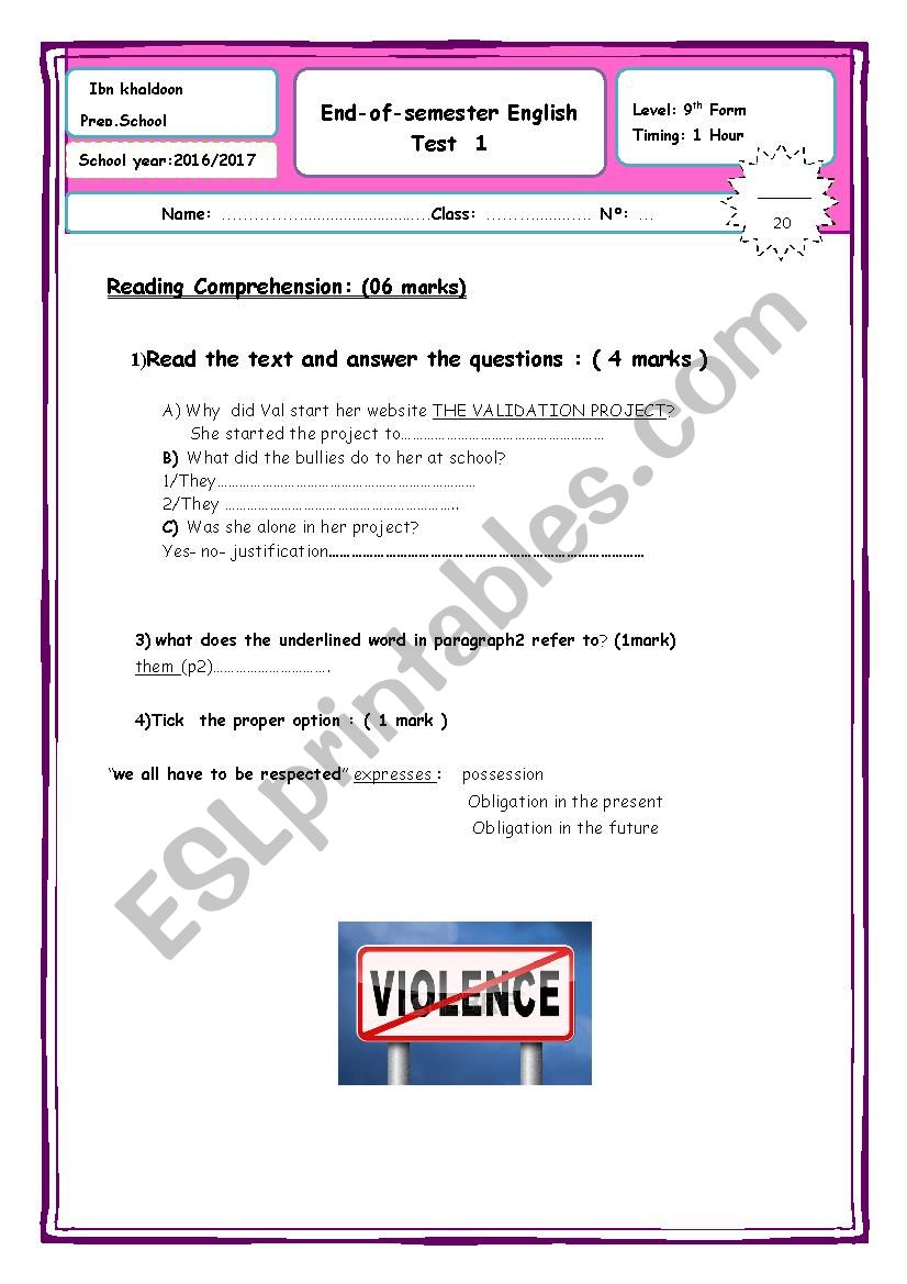 end semester test 9th forms  worksheet