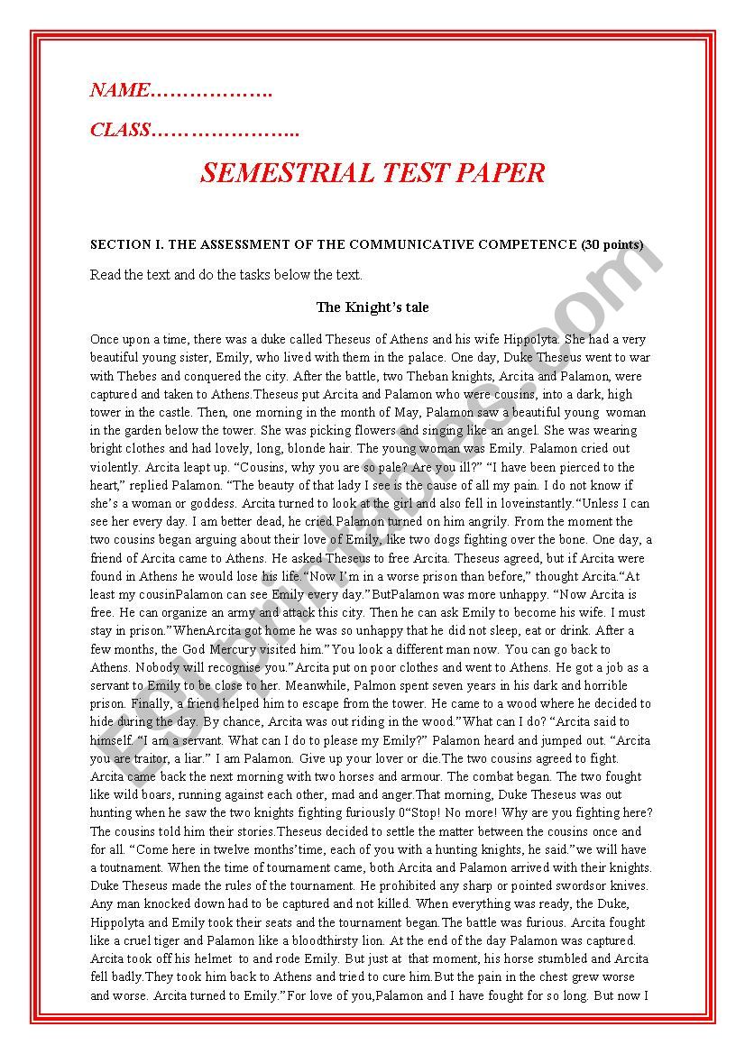 SEMESTRIAL TEST PAPER worksheet